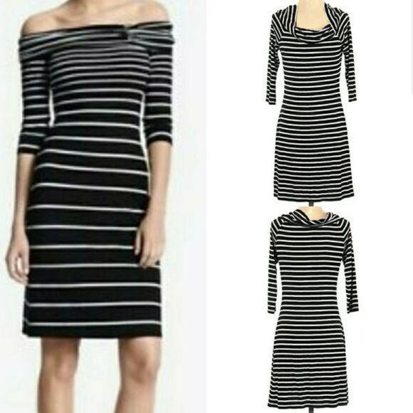 WHBM Dress Bodycon Off Shoulder Stretch 1/2 Sleeve Mini Knit Black Striped S - Picture 2 of 10